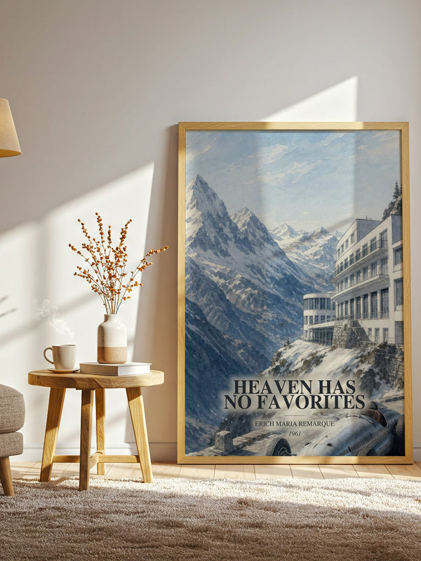 Heaven Has No Favorites watercolour print in frame leaning in hallway – literary fiction wall art