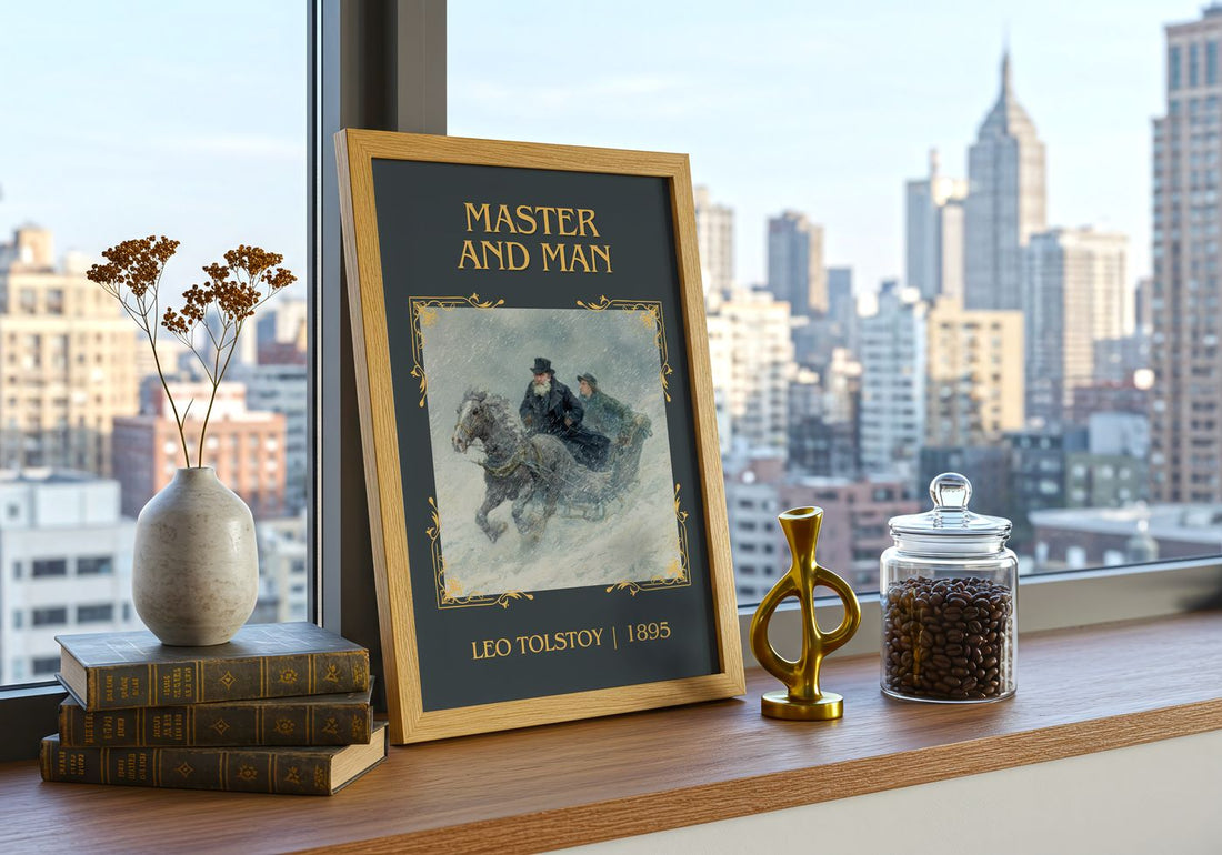 Master And Man Classic Book Art Print by Leo Tolstoy – framed print on a city-view windowsill