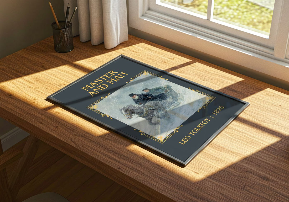 Master And Man Classic Book Art Print by Leo Tolstoy – print on a sunlit desk