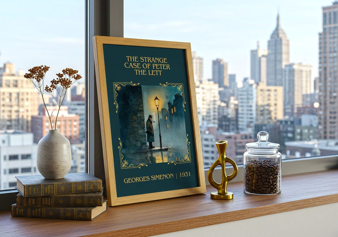 Strange Case Of Peter The Lett Classic Book Art Print by G. Simenon – framed print on a city-view windowsill