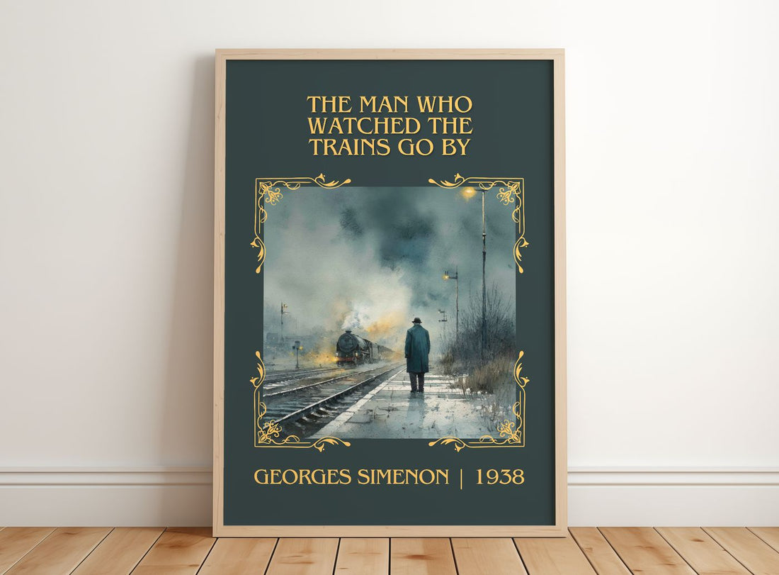 Man Who Watched The Trains Go By Classic Book Art Print by G. Simenon – framed print leaning on a wooden floor