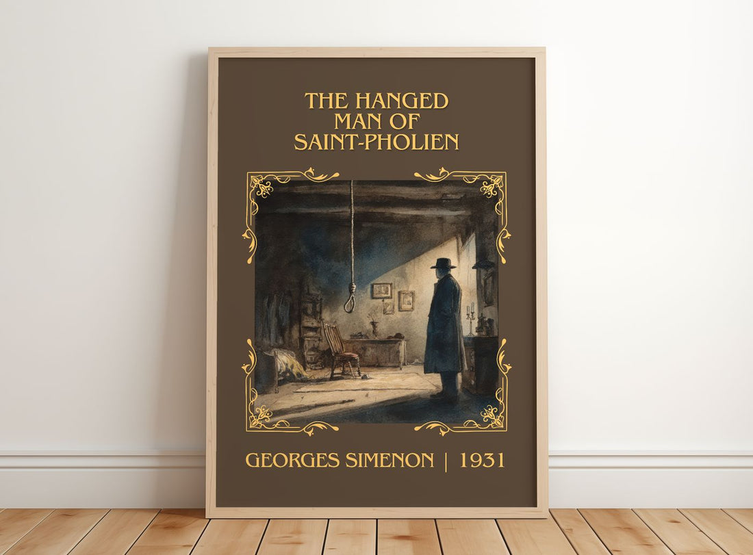 Hanged Man Of Saint-Pholien Classic Book Art Print by Georges Simenon – framed print leaning on a wooden floor