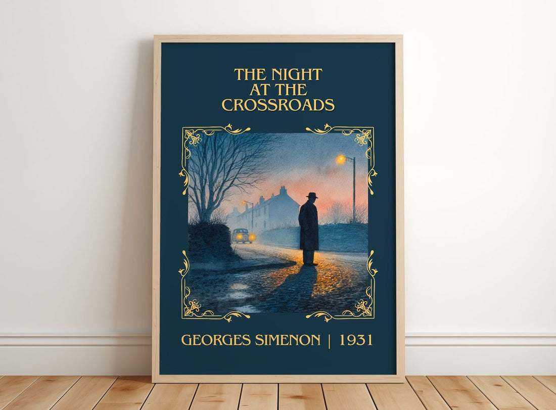 The Night At The Crossroads Classic Book Art Print by Georges Simenon – framed print leaning on a wooden floor