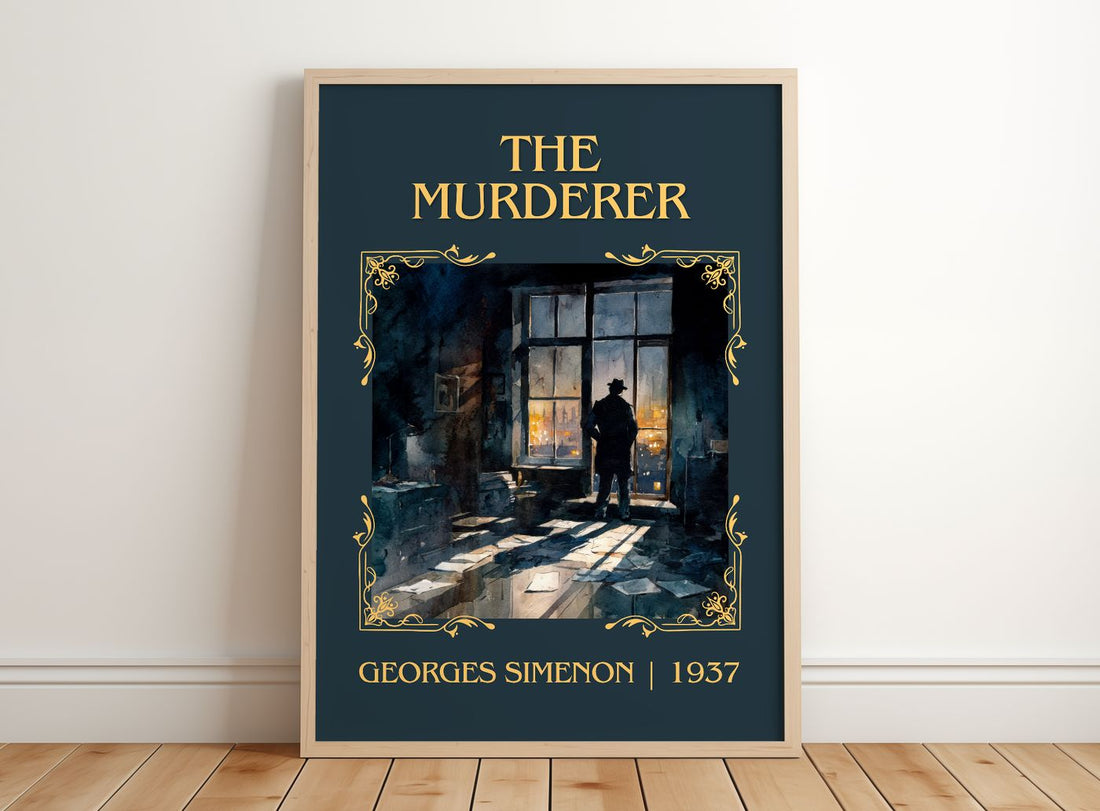 The Murderer Classic Book Art Print by Georges Simenon – framed print leaning on a wooden floor
