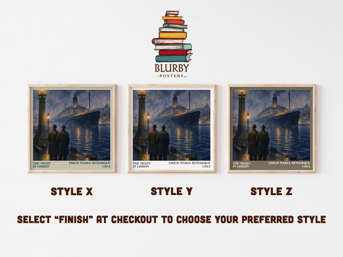The Night In Lisbon literary print in frame leaning in hallway – historical fiction wall art (mockup)