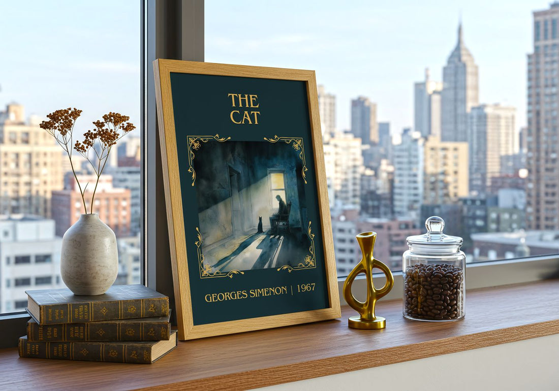 The Cat Classic Book Art Print by Georges Simenon – framed print on a city-view windowsill