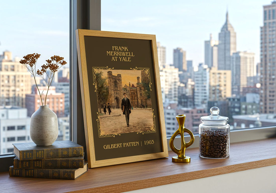 Frank Merriwell At Yale Classic Book Art Print by Gilbert Patten – framed print on a city-view windowsill