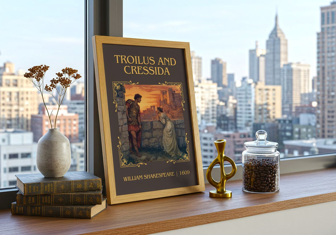 Troilus And Cressida Classic Book Art Print by William Shakespeare – framed print on a city-view windowsill