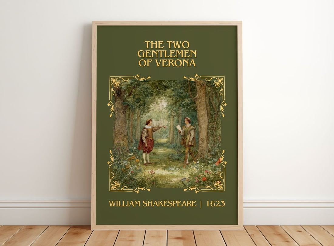 Two Gentlemen Of Verona Classic Book Art Print by William Shakespeare – framed print leaning on a wooden floor