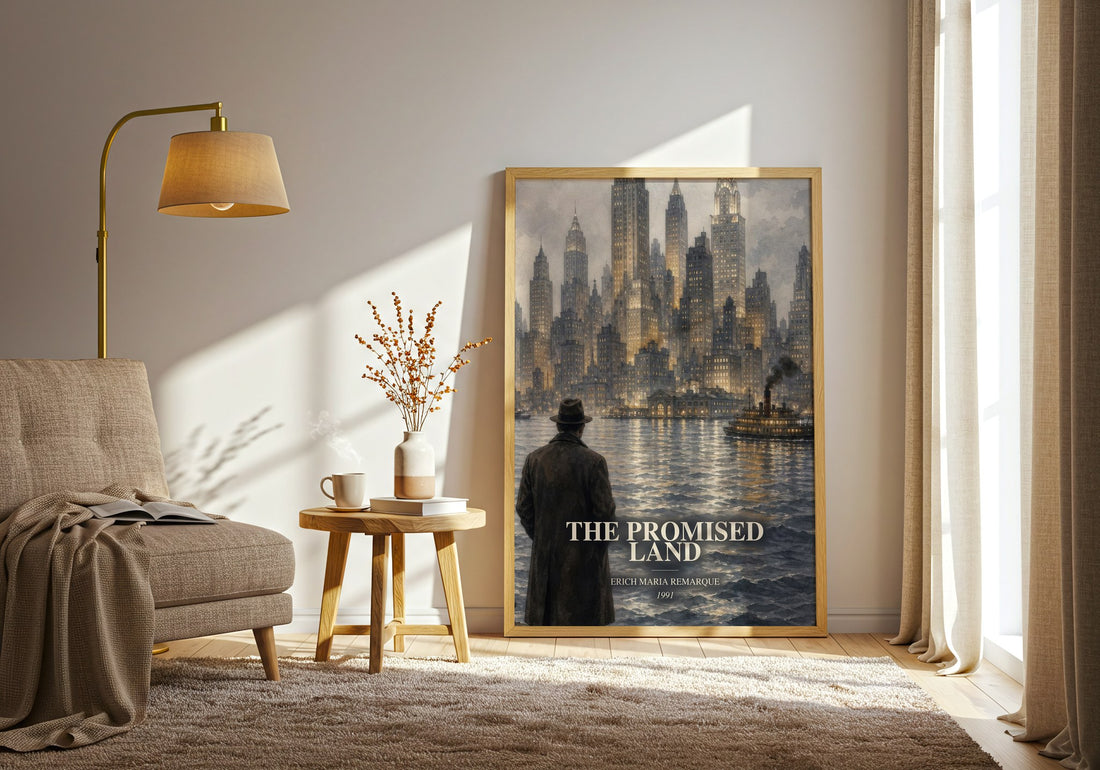 The Promised Land watercolour print in frame leaning in hallway – historical fiction wall art (mockup)