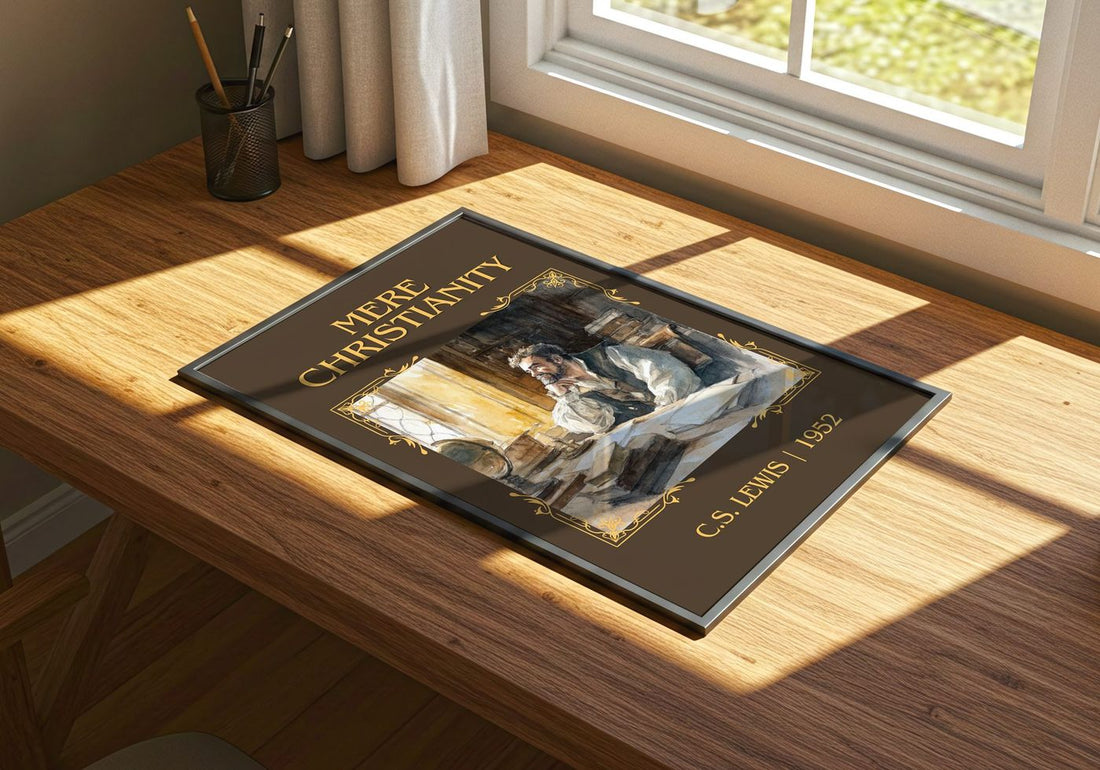 Mere Christianity Classic Book Art Print by C.S. Lewis – print on a sunlit desk