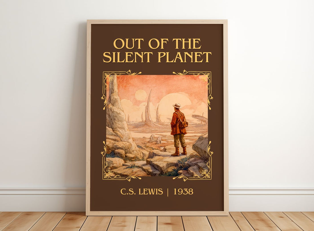 Out Of The Silent Planet Classic Book Art Print by C.S. Lewis – framed print leaning on a wooden floor