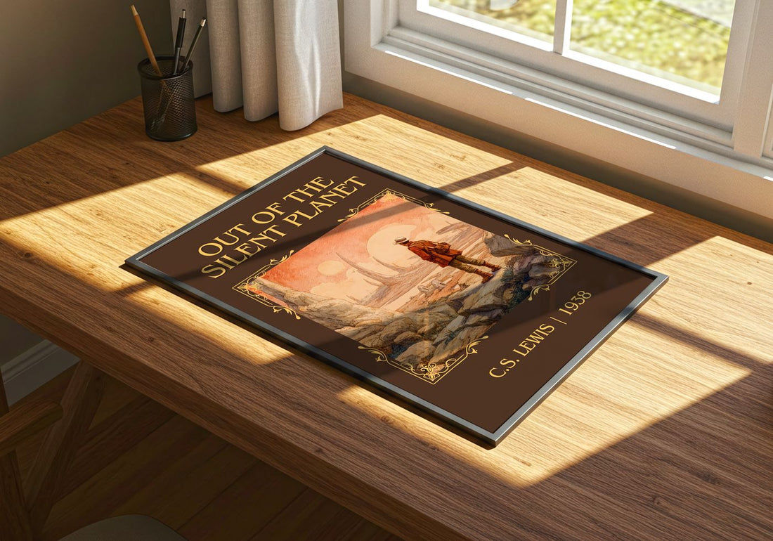 Out Of The Silent Planet Classic Book Art Print by C.S. Lewis – print on a sunlit desk