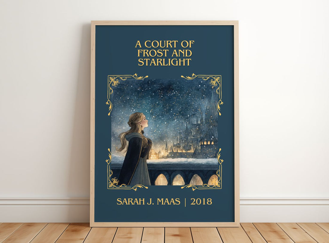 A Court Of Frost And Starlight Classic Book Art Print by Sarah J. Maas – framed print leaning on a wooden floor