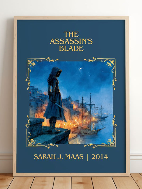 The Assassin'S Blade Classic Book Art Print by Sarah J. Maas – framed print leaning on a wooden floor
