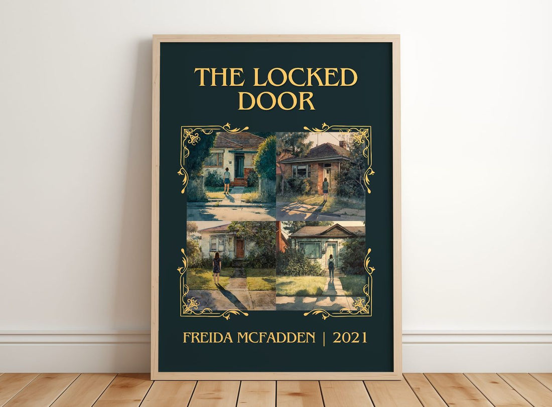 The Locked Door Classic Book Art Print by Freida McFadden – framed print leaning on a wooden floor