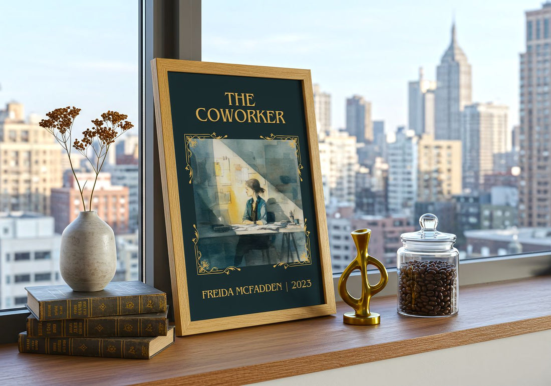 The Coworker Classic Book Art Print by Freida McFadden – framed print on a city-view windowsill