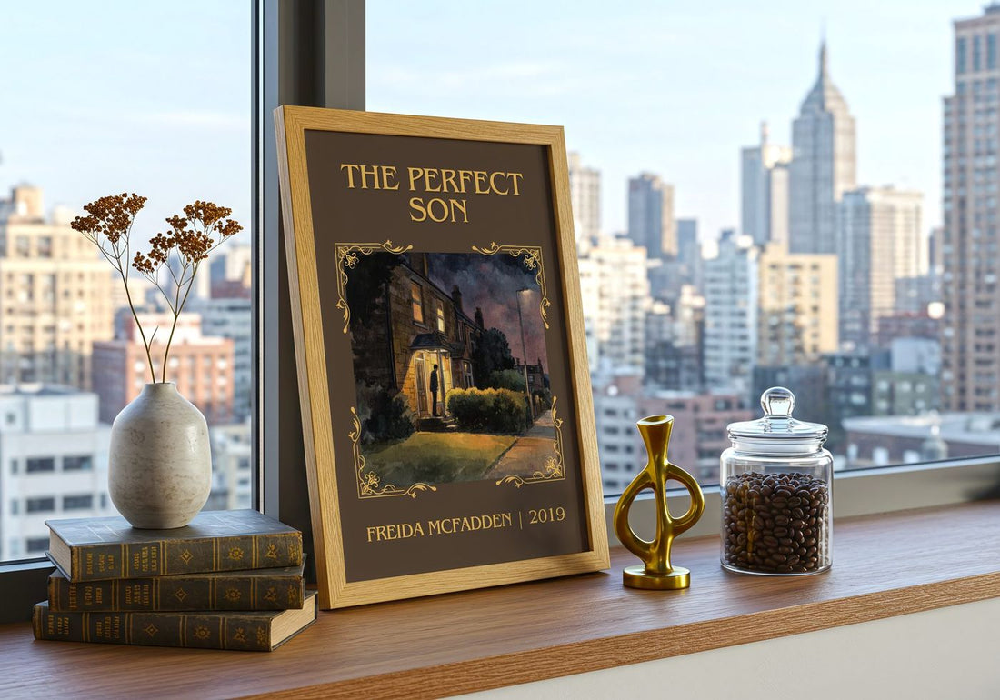 The Perfect Son Classic Book Art Print by Freida McFadden – framed print on a city-view windowsill
