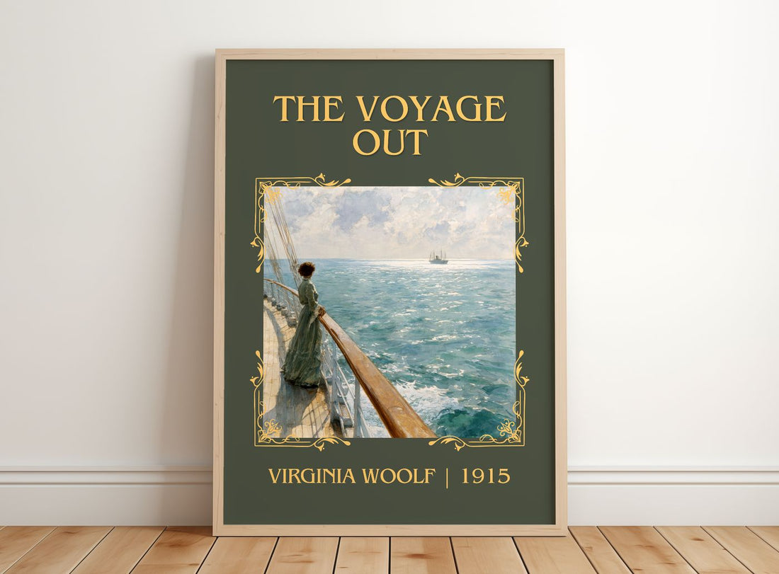 The Voyage Out Classic Book Art Print by Virginia Woolf – framed print leaning on a wooden floor