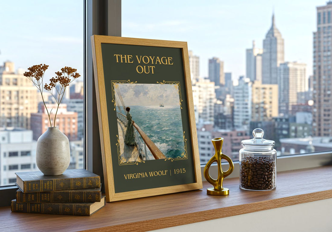 The Voyage Out Classic Book Art Print by Virginia Woolf – framed print on a city-view windowsill