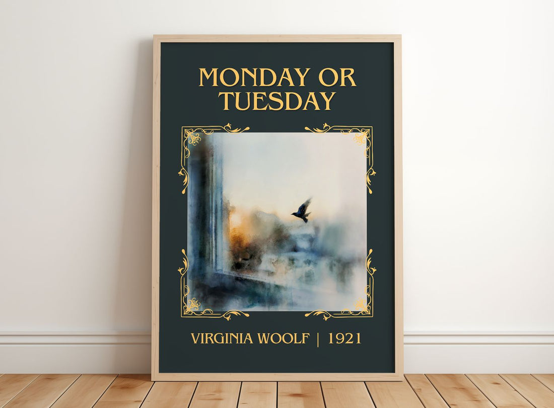 Monday Or Tuesday Classic Book Art Print by Virginia Woolf – framed print leaning on a wooden floor