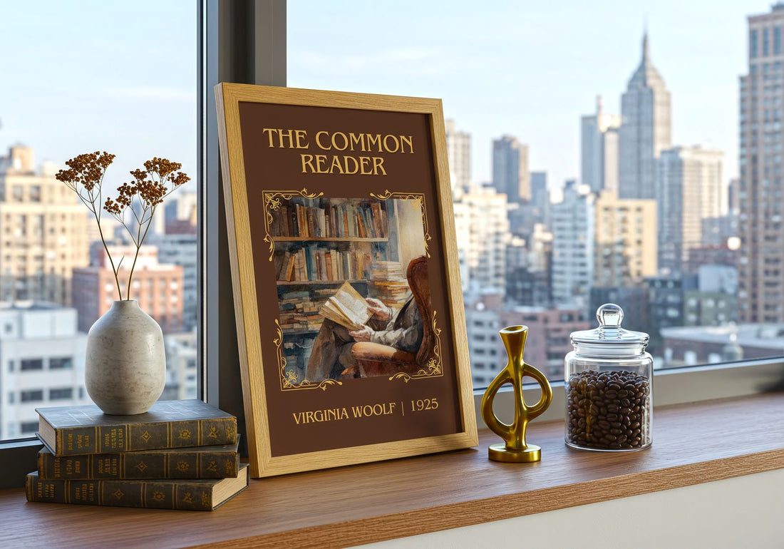 The Common Reader Classic Book Art Print by Virginia Woolf – framed print on a city-view windowsill
