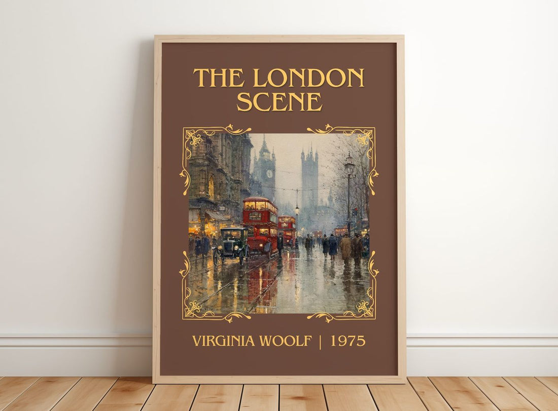 The London Scene Classic Book Art Print by Virginia Woolf – framed print leaning on a wooden floor
