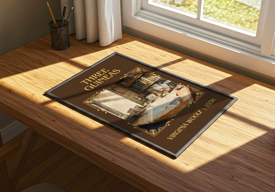 Three Guineas Classic Book Art Print by Virginia Woolf – print on a sunlit desk