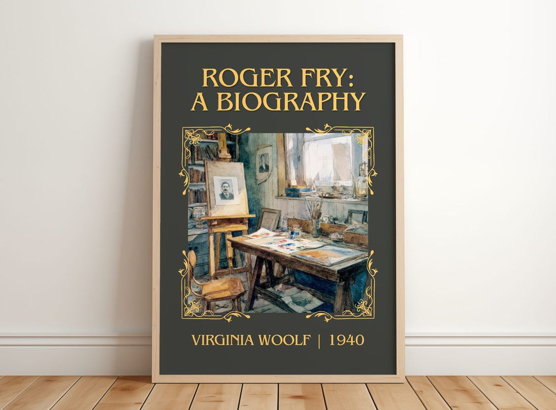 Roger Fry: A Biography Classic Book Art Print by Virginia Woolf – framed print leaning on a wooden floor