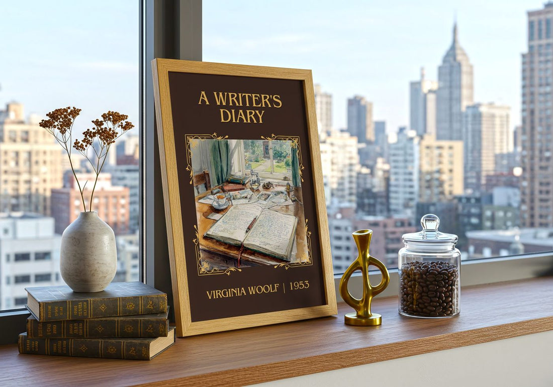 A Writer'S Diary Classic Book Art Print by Virginia Woolf – framed print on a city-view windowsill