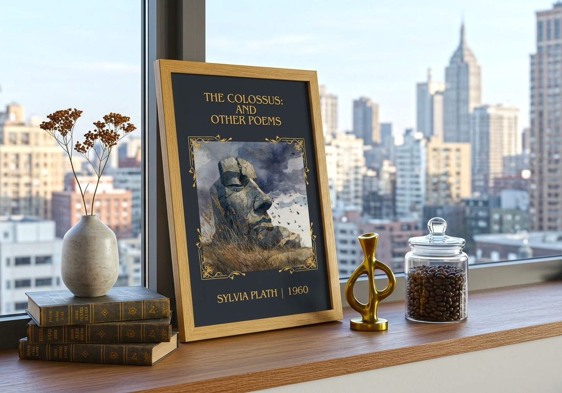 The Colossus: And Other Poems Classic Book Art Print by Sylvia Plath – framed print on a city-view windowsill