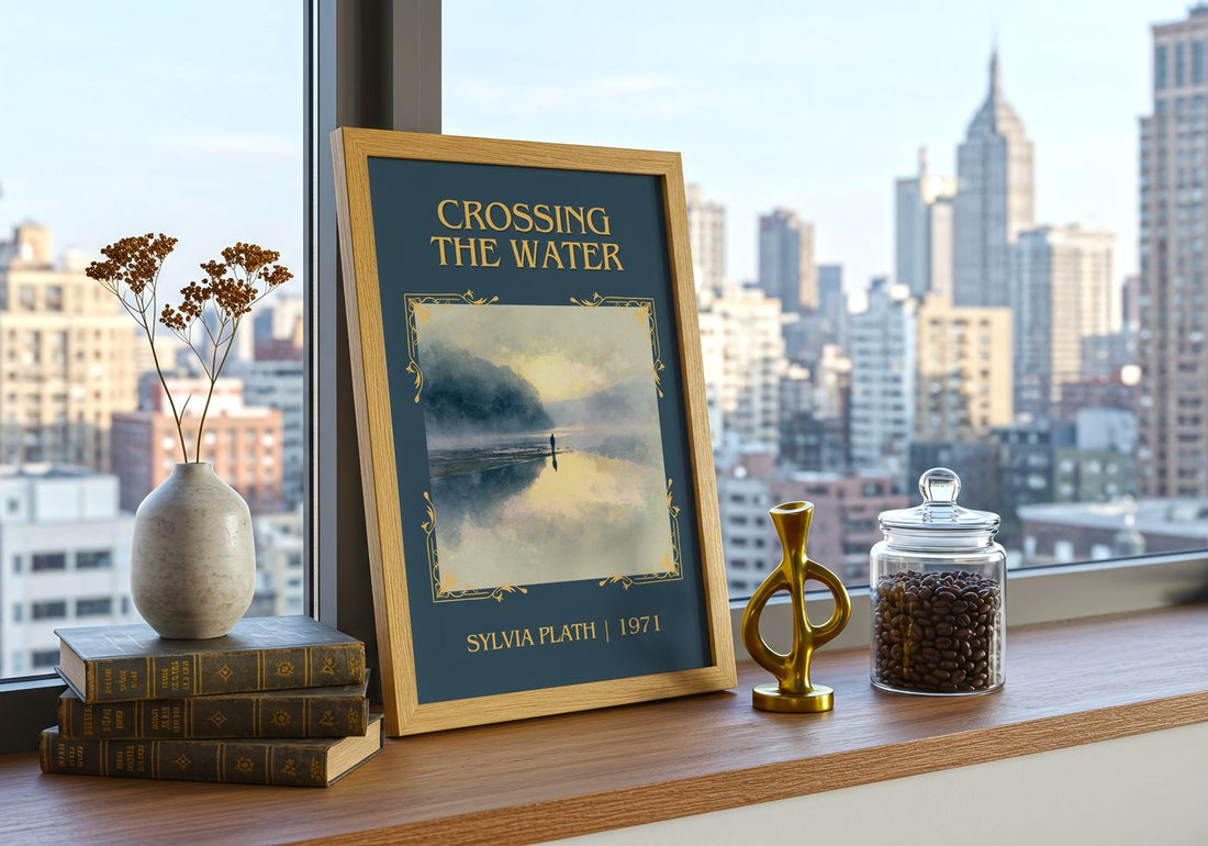 Crossing The Water Classic Book Art Print by Sylvia Plath – framed print on a city-view windowsill