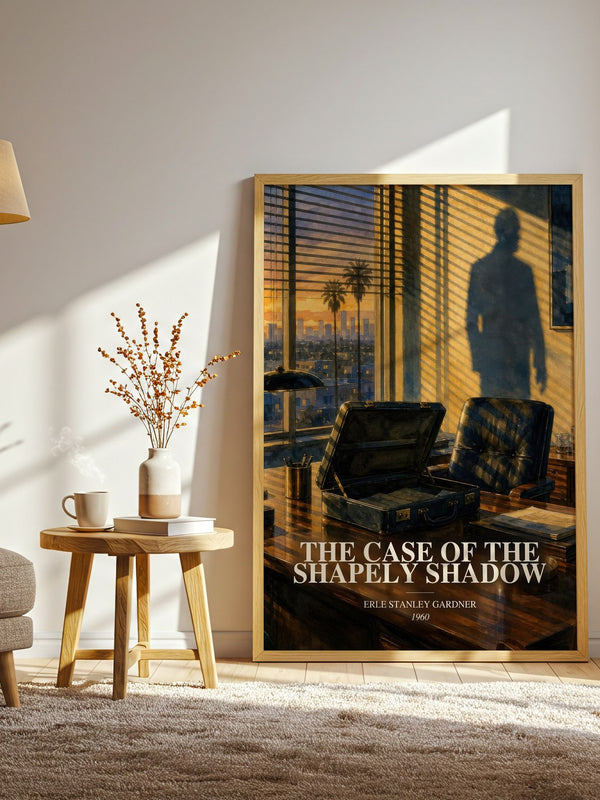 The Case Of The Shapely Shadow watercolour print in frame leaning in hallway – mystery wall art