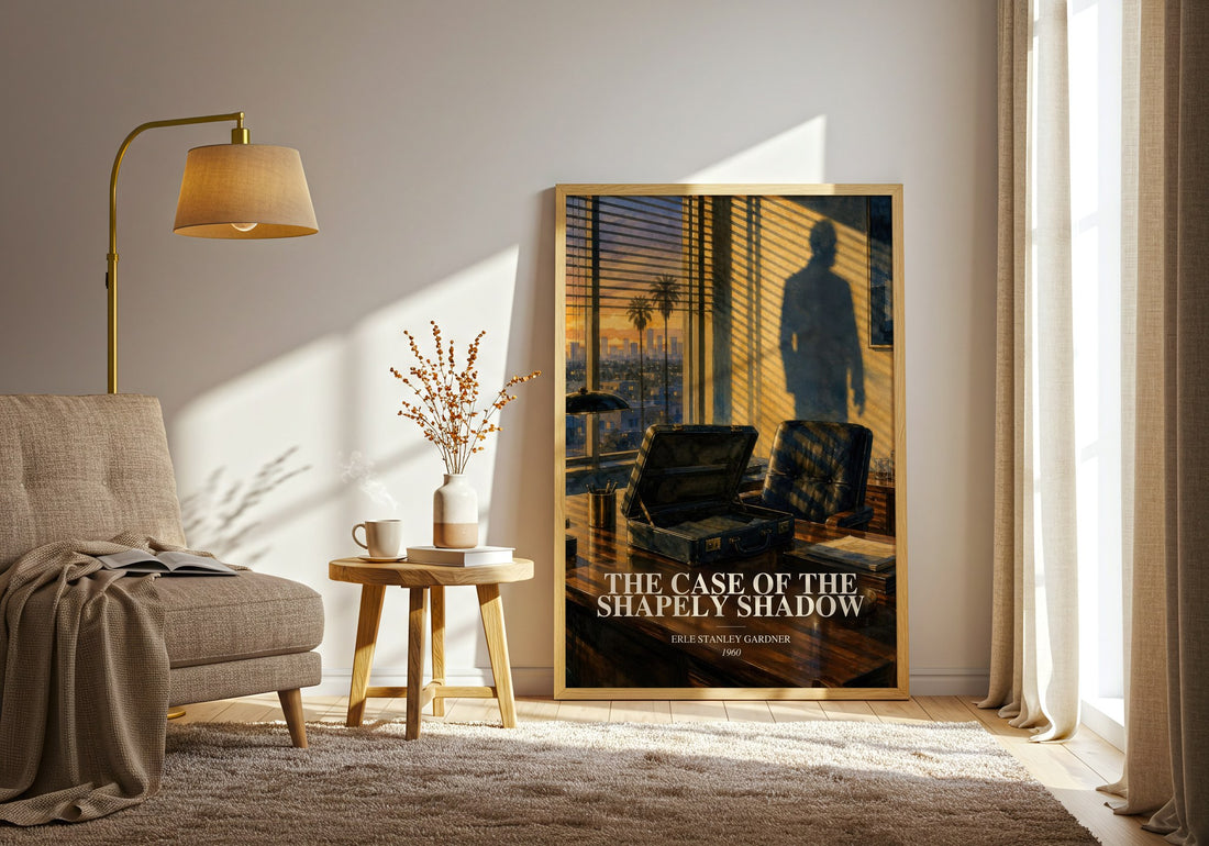 The Case Of The Shapely Shadow watercolour print in frame leaning in hallway – mystery wall art (mockup)