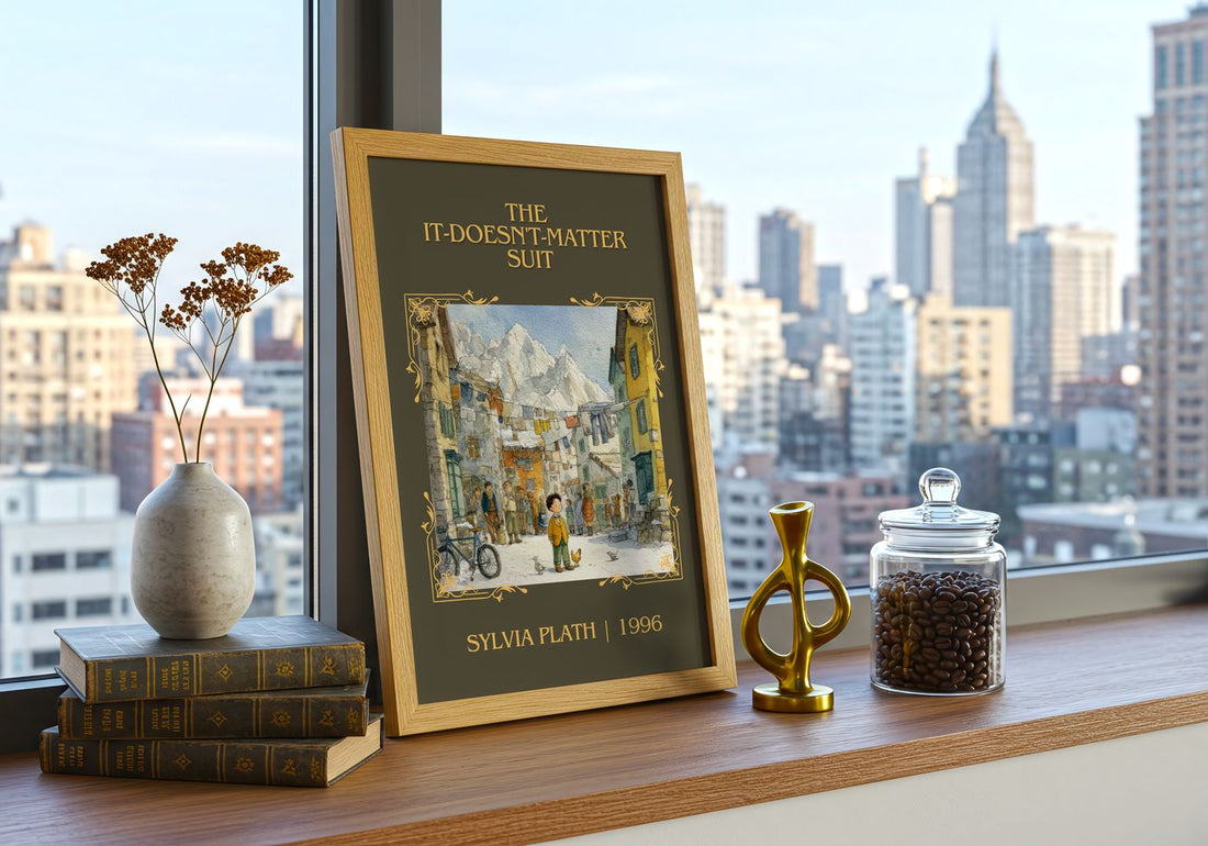 The It-Doesn'T-Matter Suit Classic Book Art Print by Sylvia Plath – framed print on a city-view windowsill