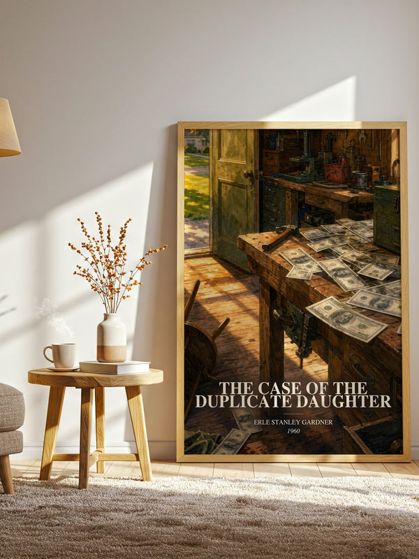 The Case Of The Duplicate Daughter watercolour print in frame leaning in hallway – mystery wall art