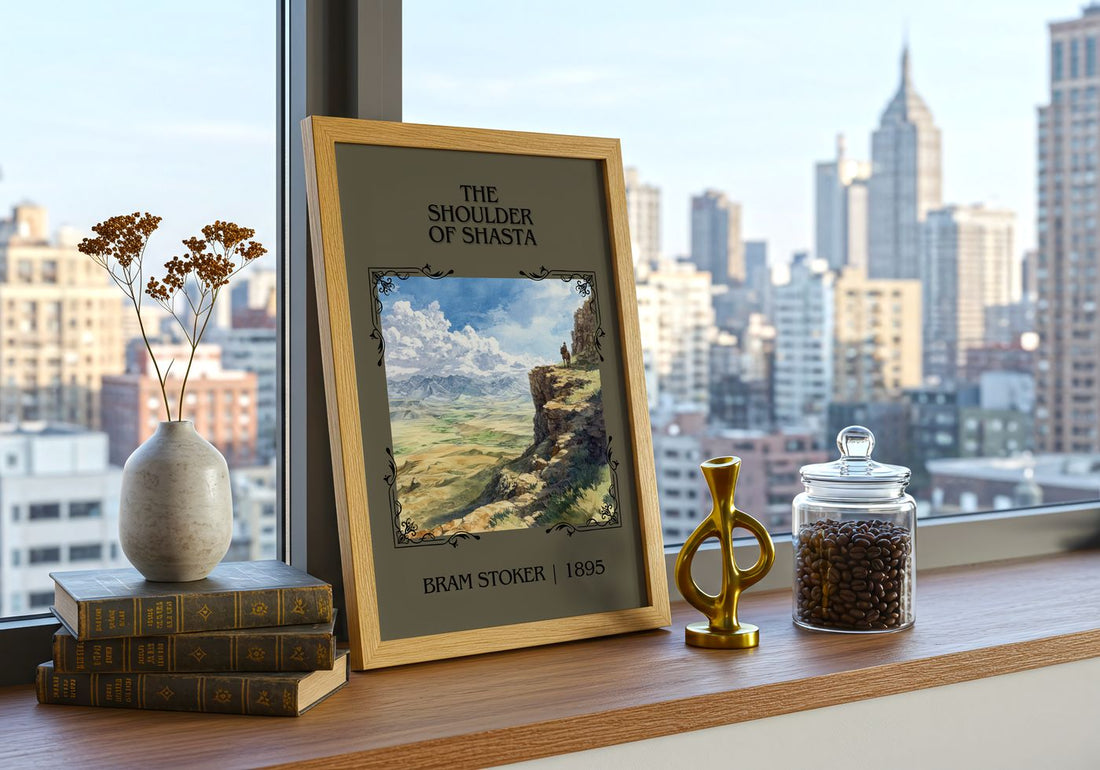 The Shoulder Of Shasta Classic Book Art Print by Bram Stoker – framed print on a city-view windowsill
