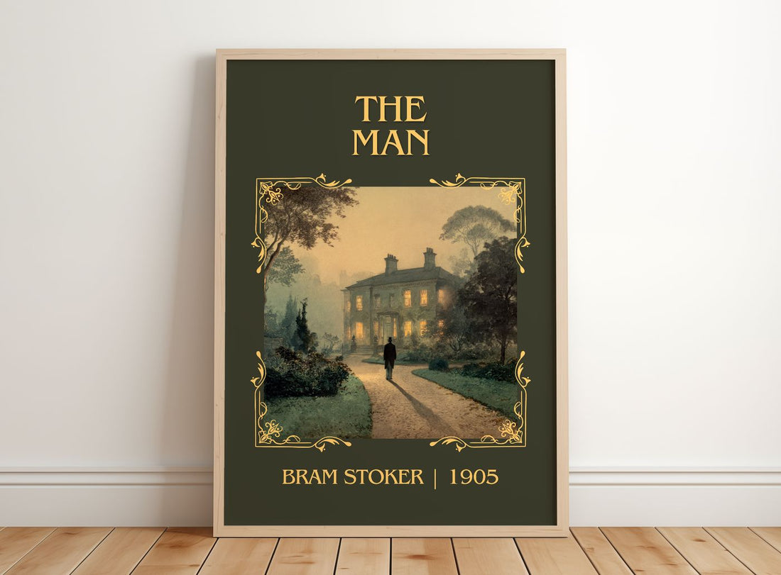 The Man Classic Book Art Print by Bram Stoker – framed print leaning on a wooden floor