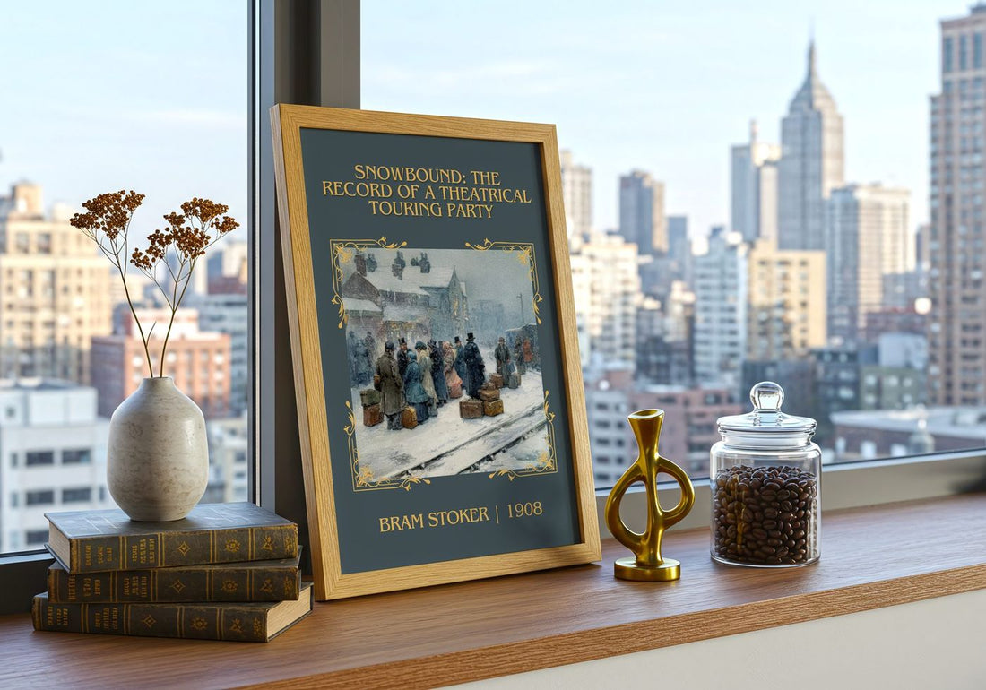 Snowbound: The Record Of A Theatrical Touring Party Classic Book Art – framed print on a city-view windowsill