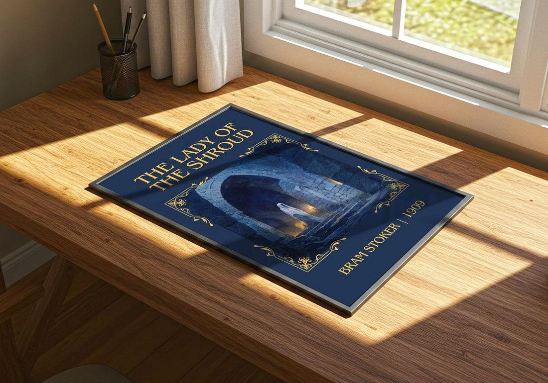 The Lady Of The Shroud Classic Book Art Print by Bram Stoker – print on a sunlit desk