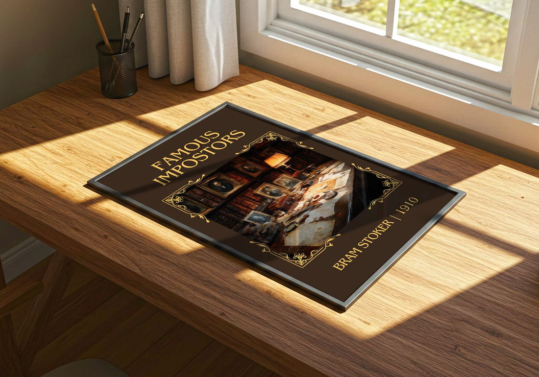 Famous Impostors Classic Book Art Print by Bram Stoker – print on a sunlit desk