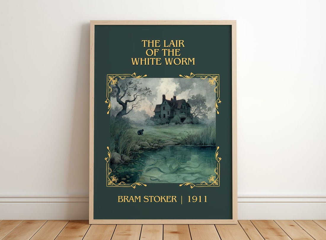 The Lair Of The White Worm Classic Book Art Print by Bram Stoker – framed print leaning on a wooden floor