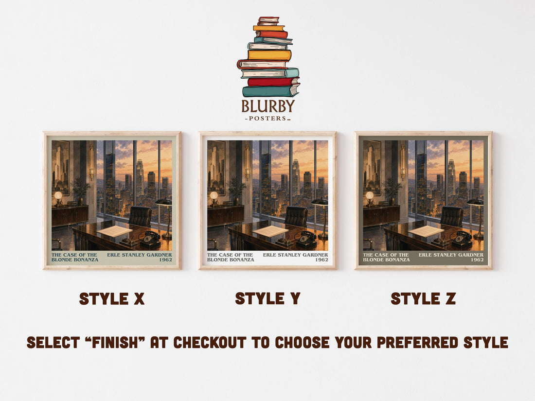 The Case Of The Blonde Bonanza literary print in frame leaning in hallway – mystery wall art (mockup)
