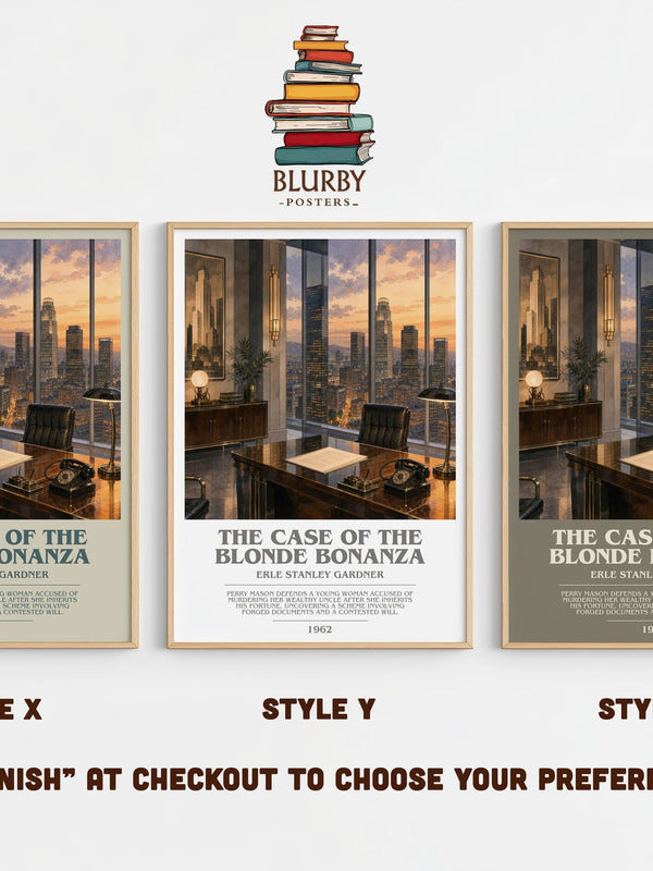 The Case Of The Blonde Bonanza bookish print in frame leaning in hallway – mystery wall art