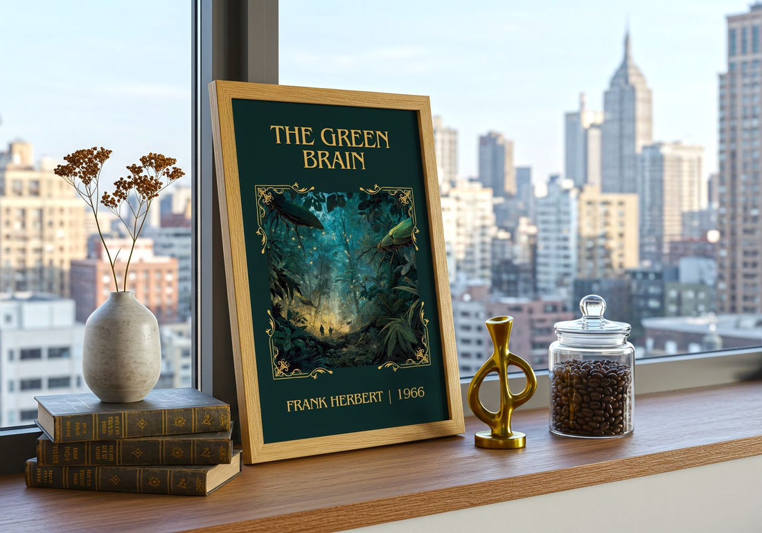 The Green Brain Classic Book Art Print by Frank Herbert – framed print on a city-view windowsill