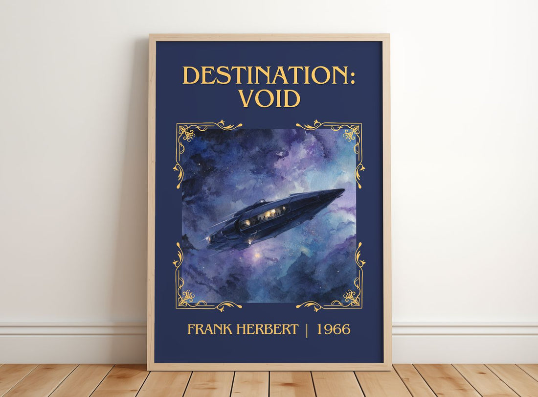 Destination: Void Classic Book Art Print by Frank Herbert – framed print leaning on a wooden floor