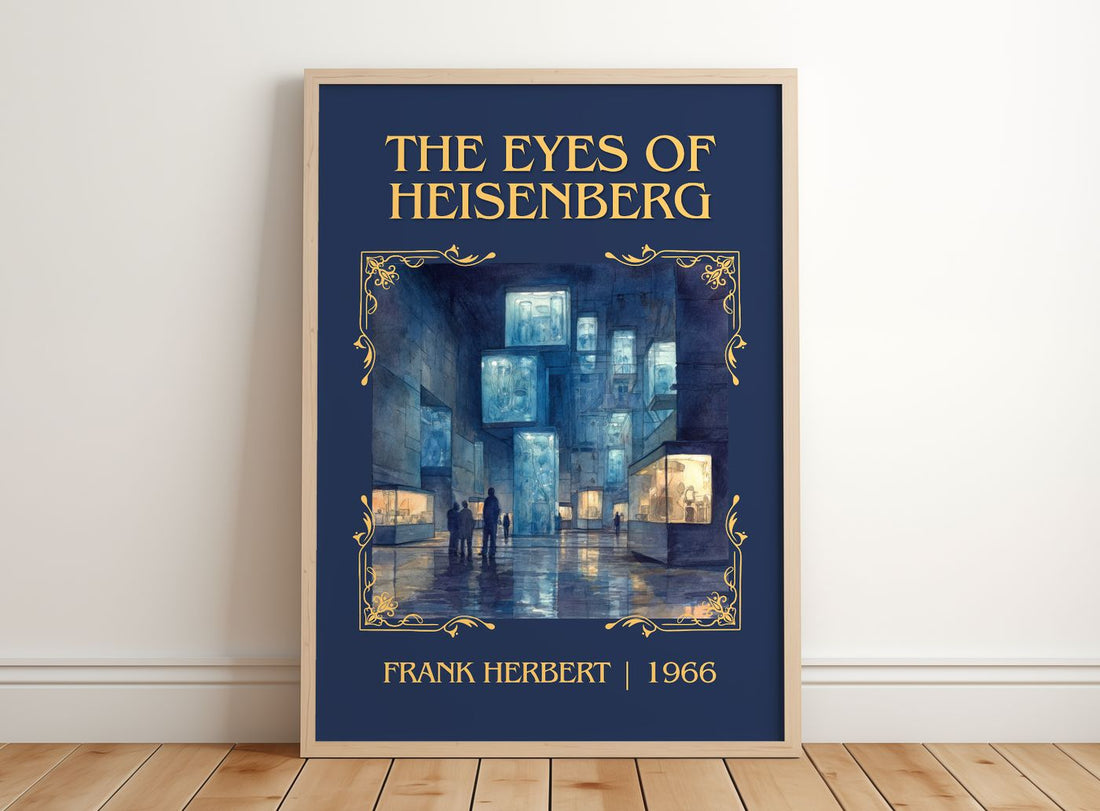 The Eyes Of Heisenberg Classic Book Art Print by Frank Herbert – framed print leaning on a wooden floor