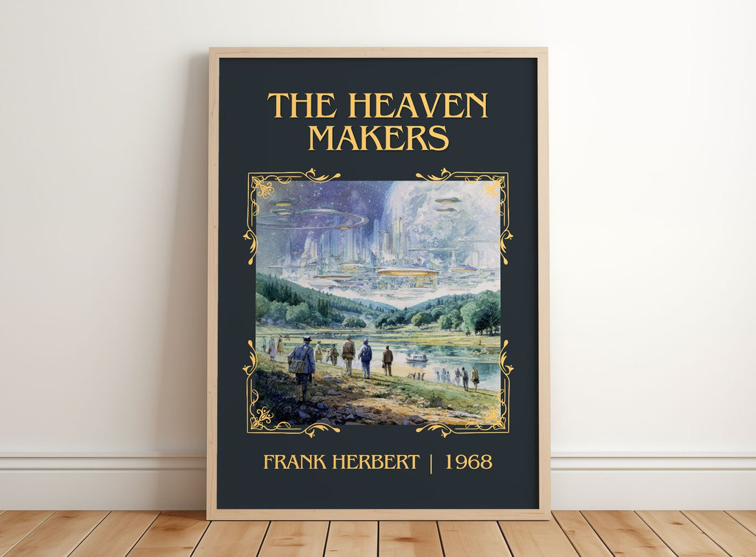 The Heaven Makers Classic Book Art Print by Frank Herbert – framed print leaning on a wooden floor