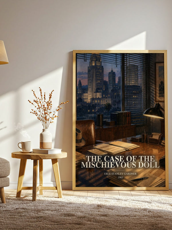 The Case Of The Mischievous Doll watercolour print in frame leaning in hallway – mystery wall art