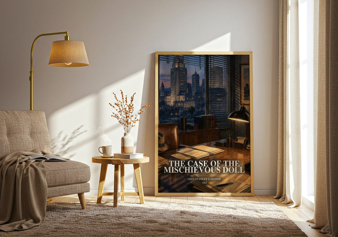 The Case Of The Mischievous Doll watercolour print in frame leaning in hallway – mystery wall art (mockup)